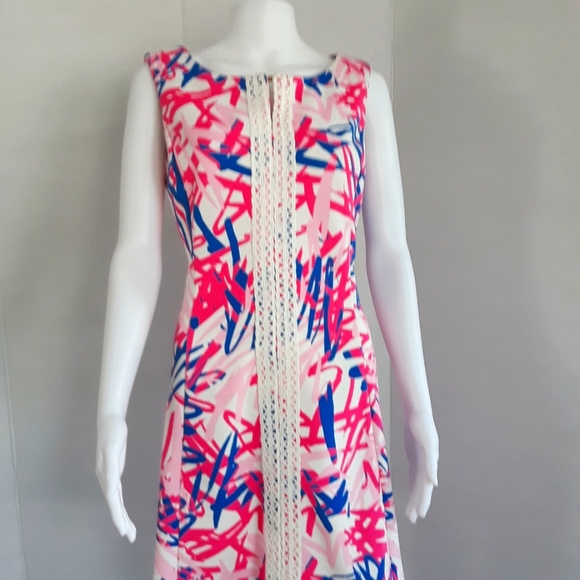 JUST...TAYLOR ABSTRACT PINK/BLUE LACE STRIPE SHIFT DRESS SZ 12 - Picture 3 of 10